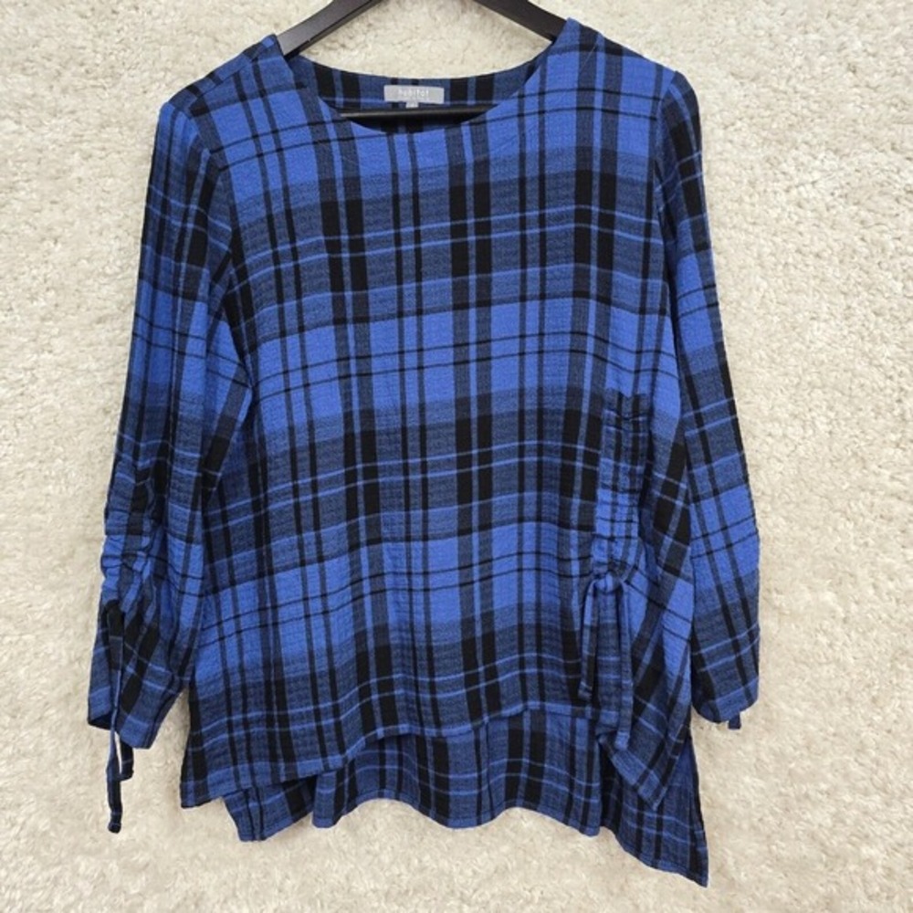 Habitat Plaid Top Women S Blue Black Ruched Tie Sleeve High Low Textured Blouse
